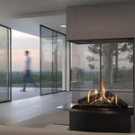 Element4 Sky Small Roomdivider Installed between the way to Kitchen and Living room with Real Flame Burner with True-to-Nature Wood Logs, Wide Trims