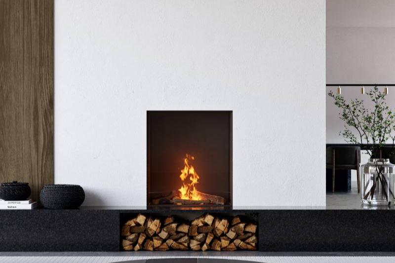 Element4 Bioethanol Sky Small  Double Burner Unique multi burner system – with split wood logset, Black Painted Steel Interior with Clean Face Design and Ceramic Glass installed at the Living Room