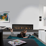 Element4 Modore185 Installed with Georgious  at the Living room with Ceramic Glass, Black Mesh Safety Screen plus ceramic fire bed with heat-resistant ceramic fibers Logs set