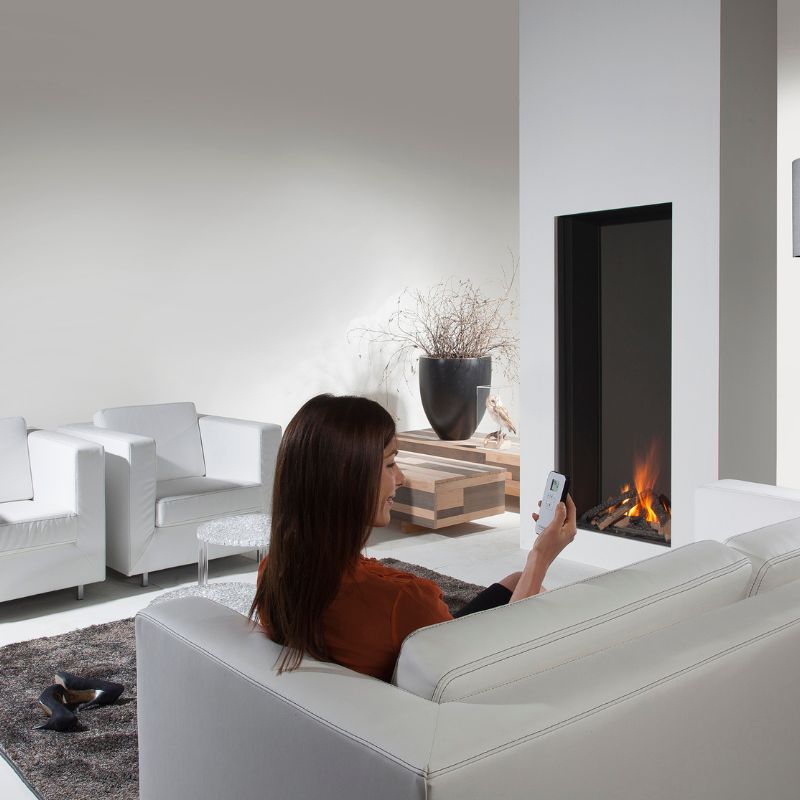 Element4 Sky Large with Beautiful Lady holding a Remote Installed at the Living room with Ceramic Glass, Black Mesh Safety Screen plus ceramic fire bed with heat-resistant ceramic fibers Logs set