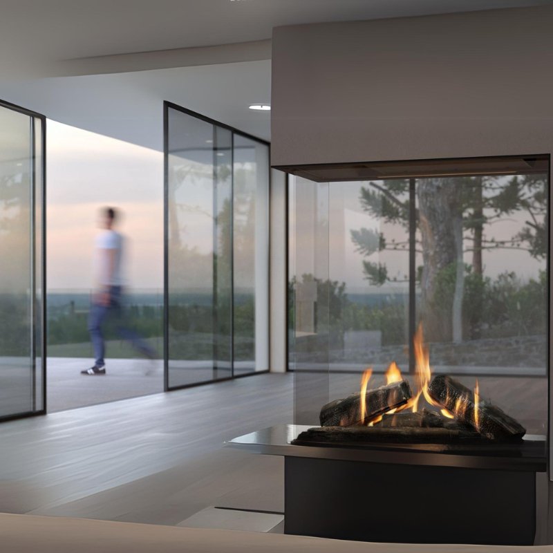 Element4 Sky Small Roomdivider Installed between the way to Kitchen and Living room with Real Flame Burner with True-to-Nature Wood Logs, Wide Trims