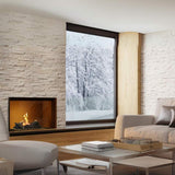 Element4 Bio 50i with Real Flame Burner with True-to-Nature Wood Logs installed at the living room near woods view
