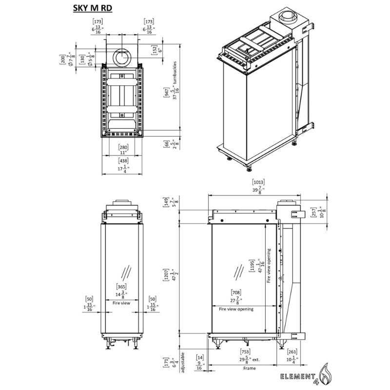 Element4 Bioethanol Sky Medium Room Divider Technical Drawing Specs