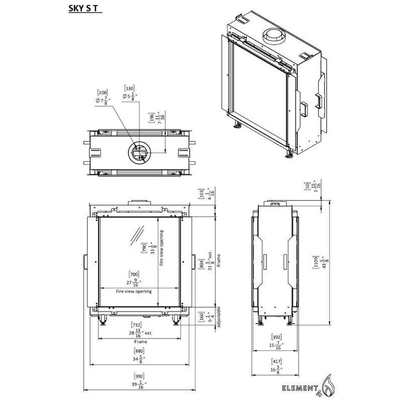 Element4 Bioethanol Sky Small See-Through Technical Drawing Specs