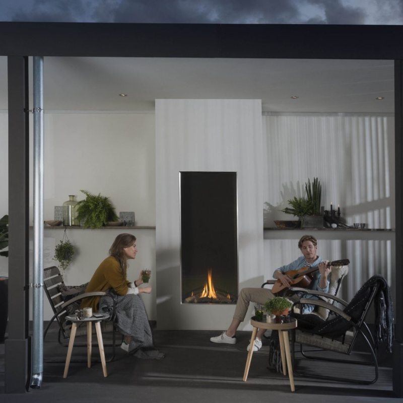 Element4 Sky Large Outdoor installed at the Terrace with Real Flame Burner with True-to-Nature Wood Logs