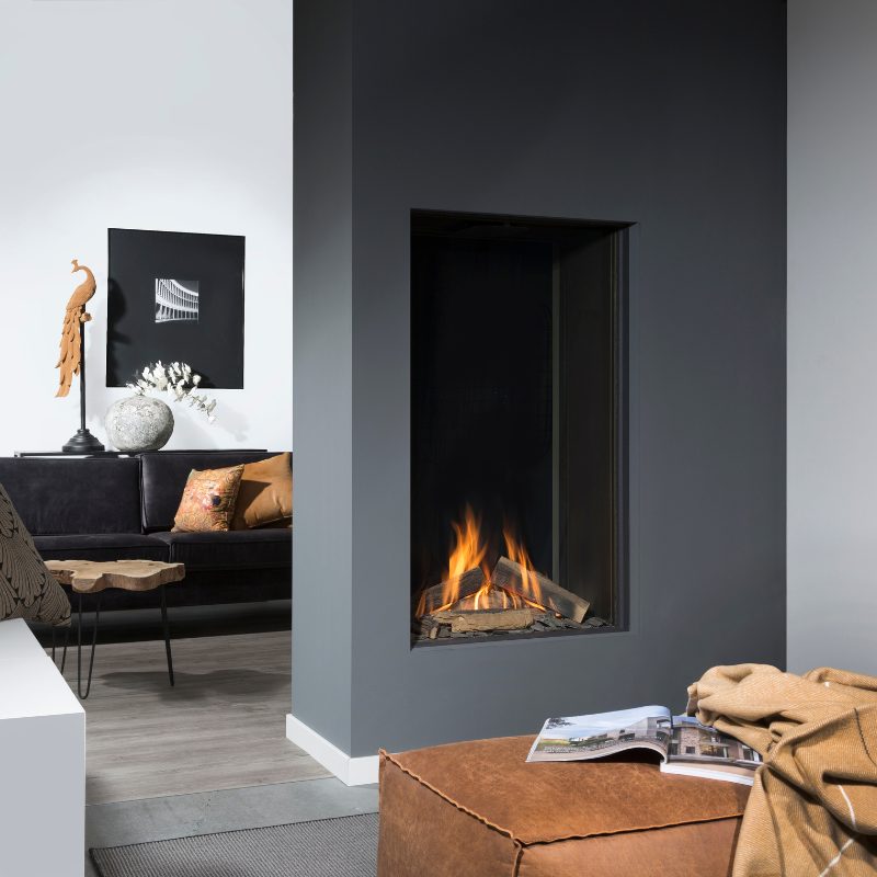 Element4 Sky M F Installed at the Living room Real Flame Burner with True-to-Nature Cleaved Wood Logs